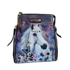Nicole Lee Purse Make A Wish Horse Handbag Crossbody Embellished Purple 10in